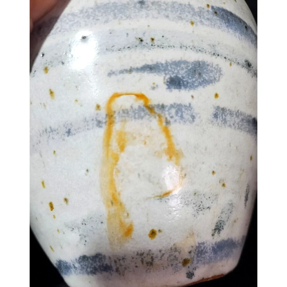 Vintage Signed Studio Pottery Ceramic Speckle Glaze Blue Stripe Vase Planter Pot